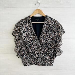 Express - Black tan faux wrap flutter sleeve chiffon top, S